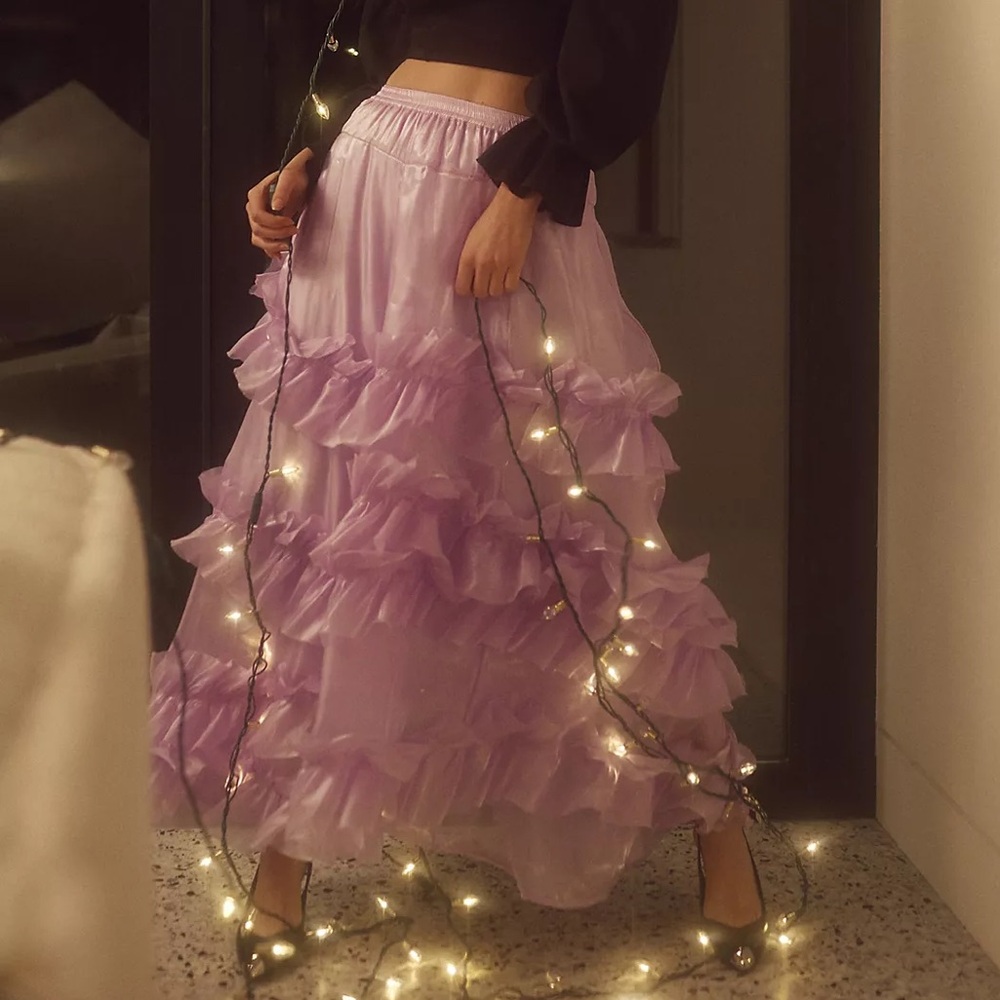 Free People Lavender Purple Chevelle Tiered Ruffle Maxi Skirt Large $198
